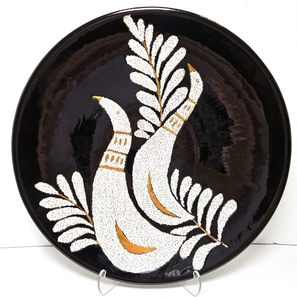 Vtg Decorative Art Deco Partridges Black Plate Signed 1983 3D Gold Tone Accents
